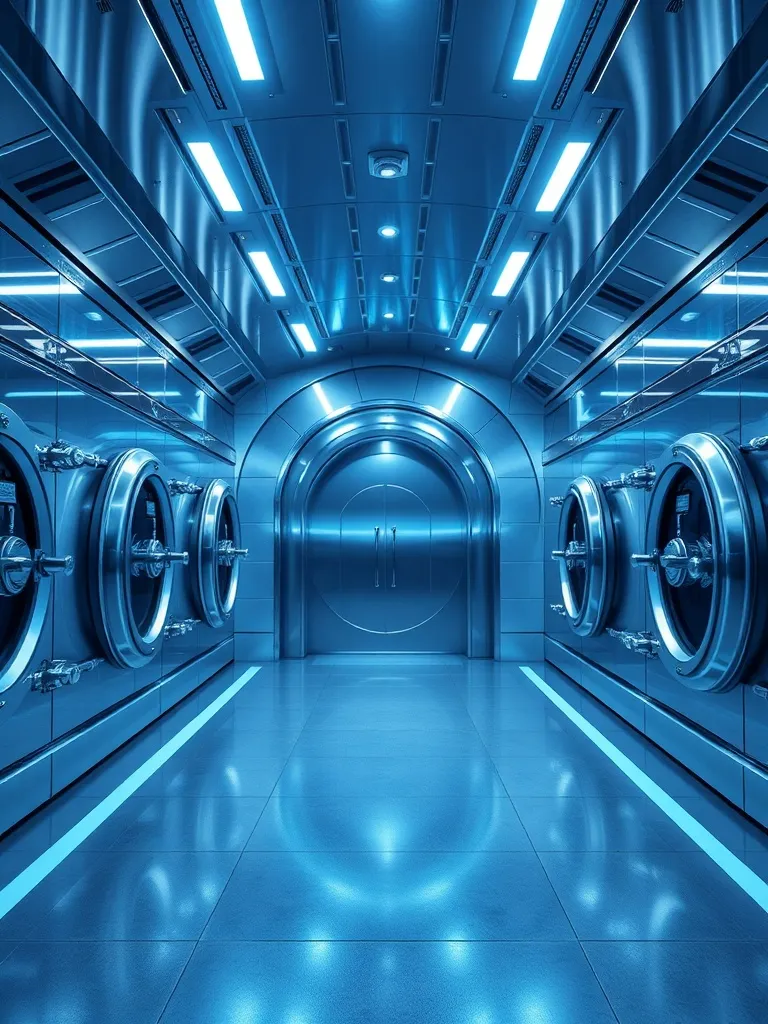 A wide shot of a futuristic, minimalist bank vault interior