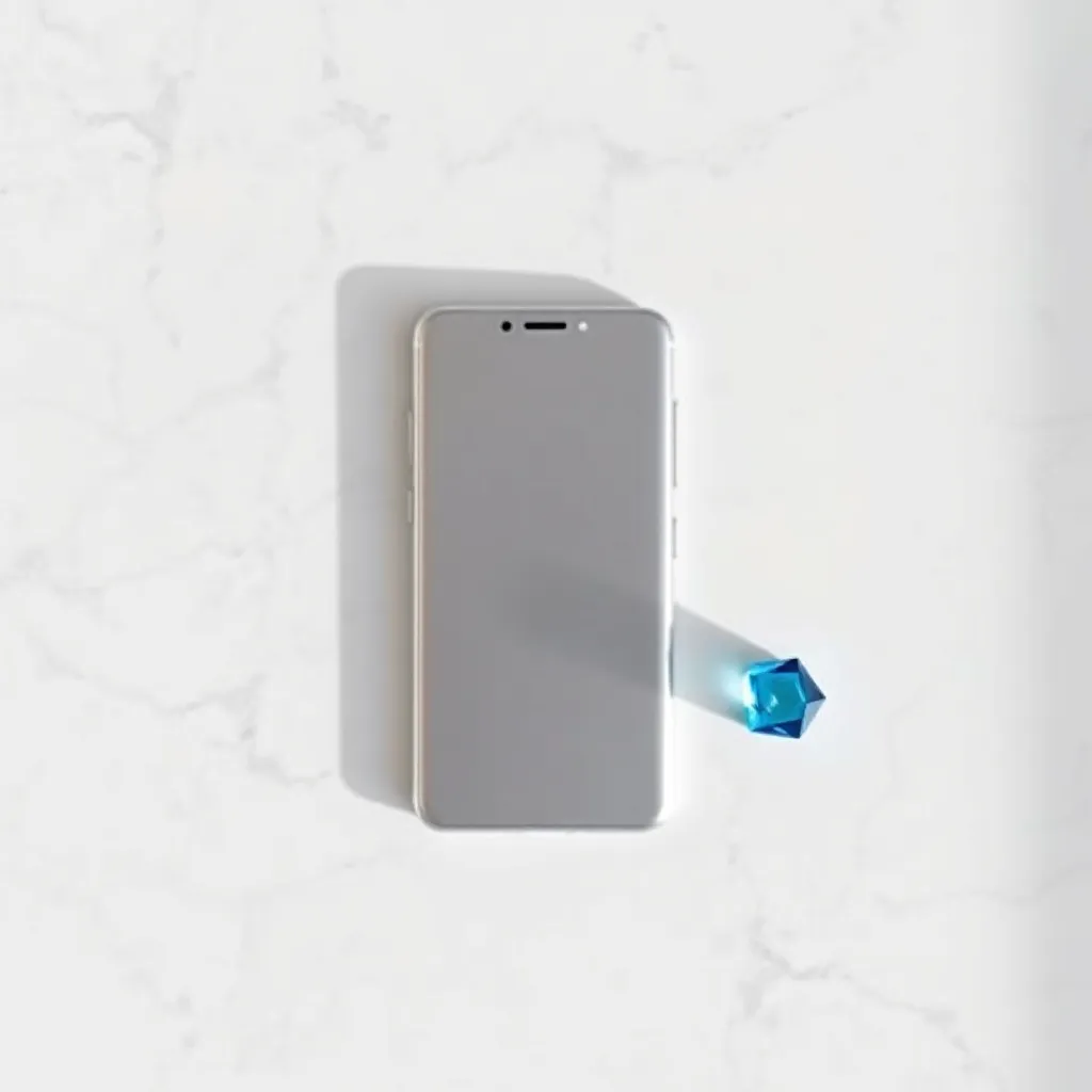 A minimalist overhead shot of a sleek silver smartphone on a