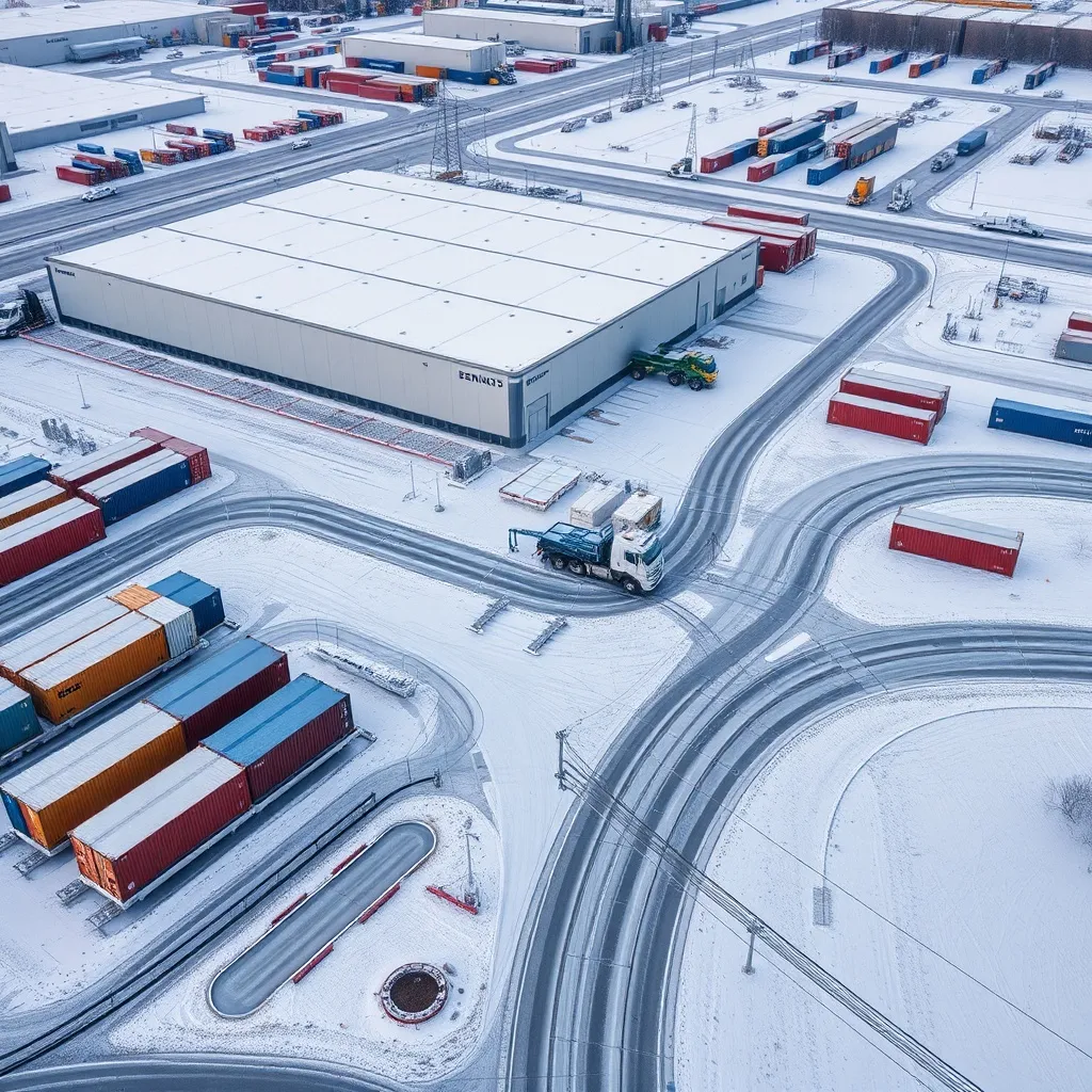 A high-angle aerial view of a clean, modern industrial logis