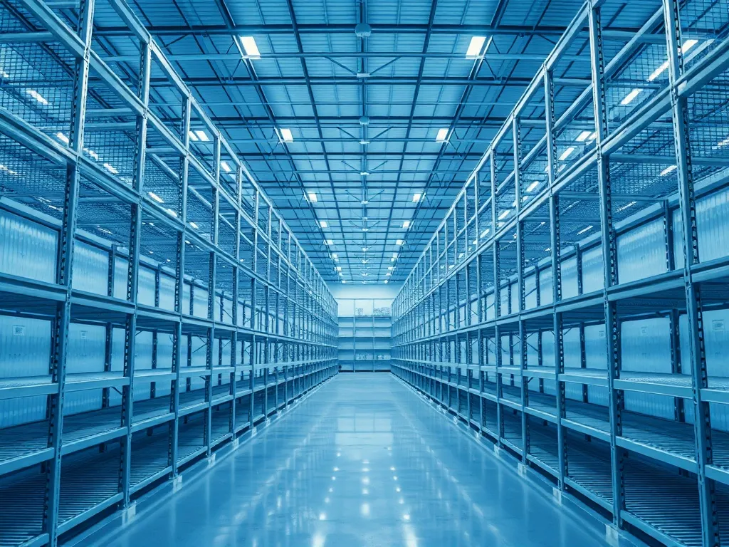 A vast, clean warehouse with organized metal shelves, cool b
