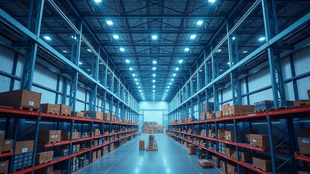 A minimalist technical top-down view of a shipping warehouse